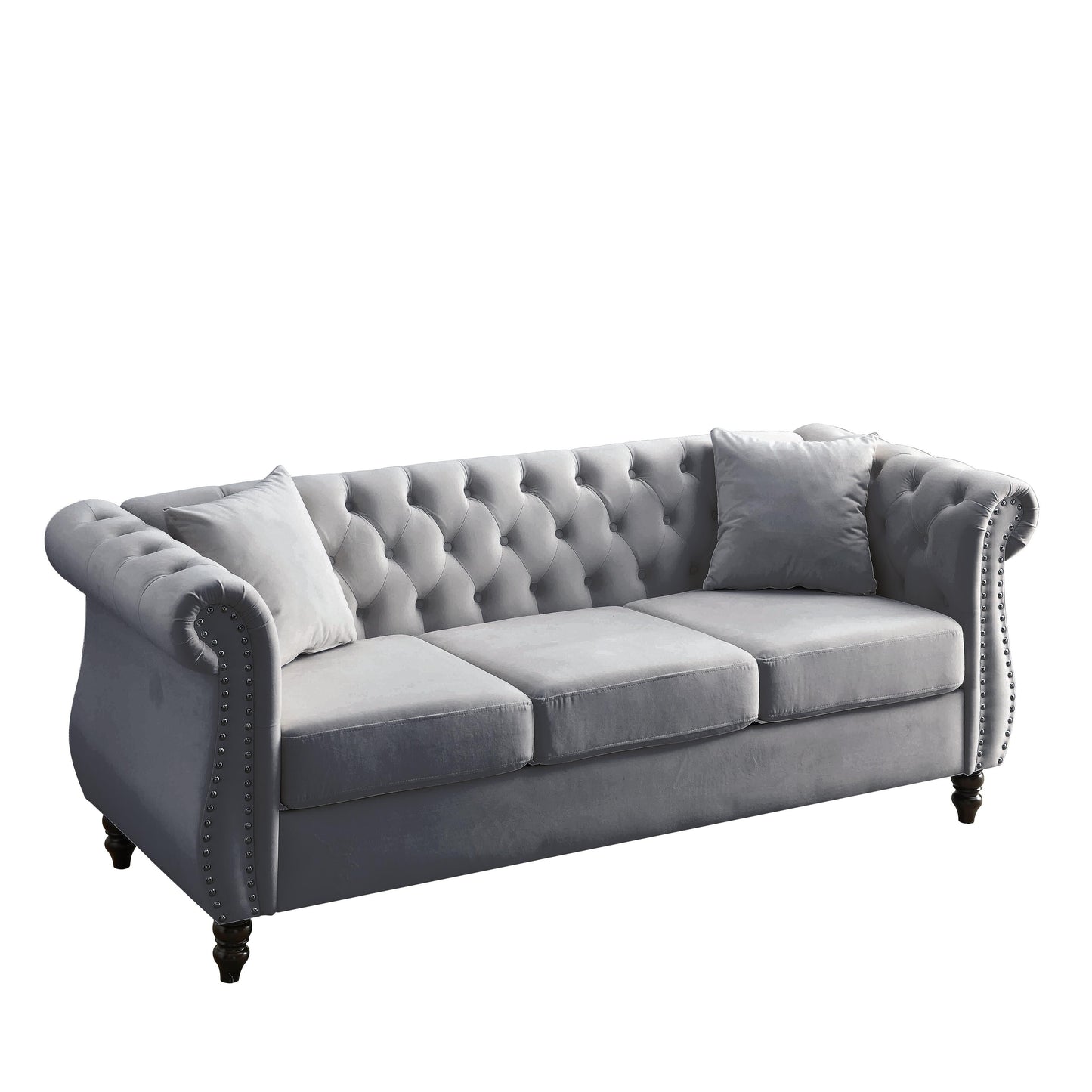 Canapé Chesterfield 3 places en velours 80 avec motif capitonné, garniture cloutée et 2 coussins