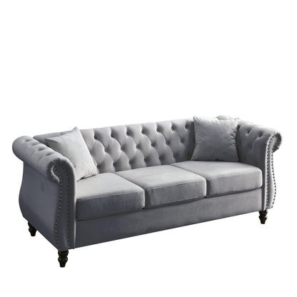 Canapé Chesterfield 3 places en velours 80 avec motif capitonné, garniture cloutée et 2 coussins