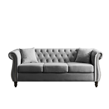 Canapé Chesterfield 3 places en velours 80 avec motif capitonné, garniture cloutée et 2 coussins