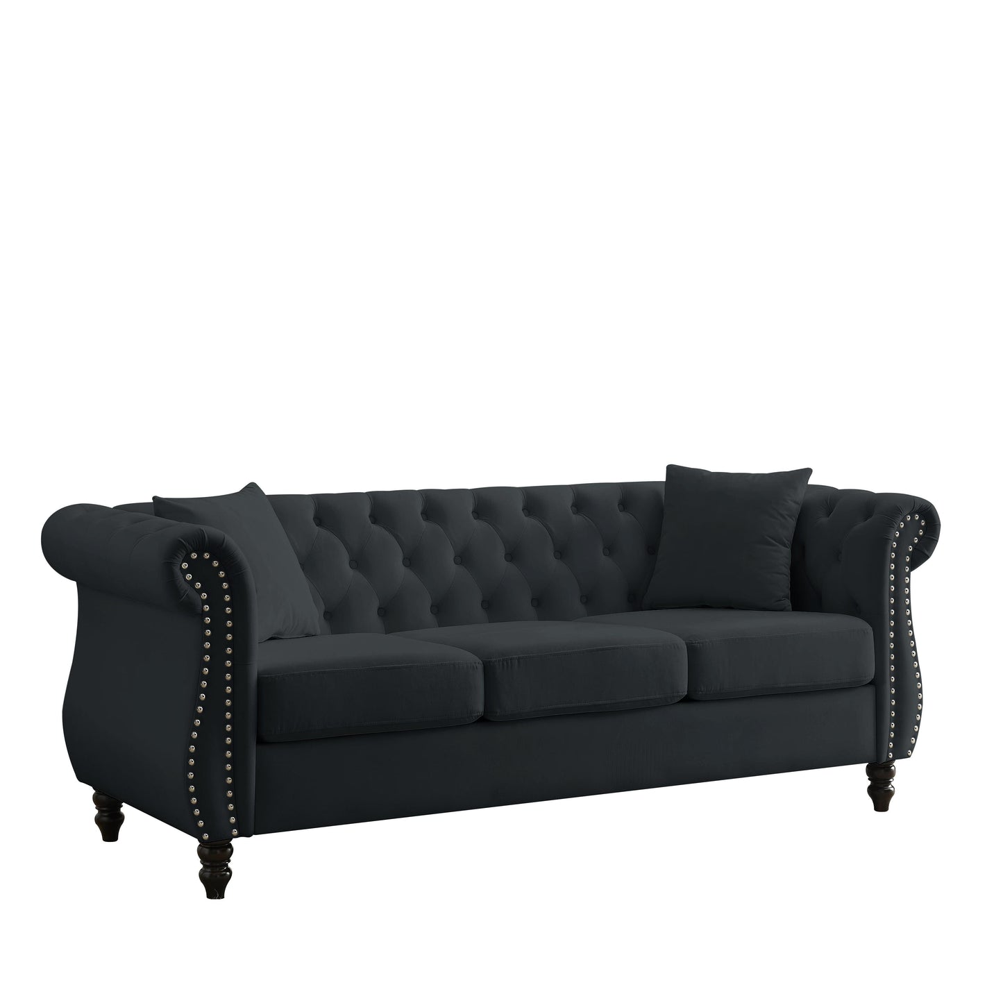 Canapé Chesterfield 3 places en velours 80 avec motif capitonné, garniture cloutée et 2 coussins