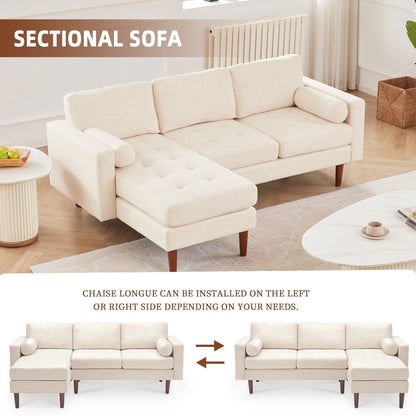Canapé sectionnel 3 places en lin de 80 pouces avec méridienne réversible, coussins d'assise capitonnés et cadre en bois robuste