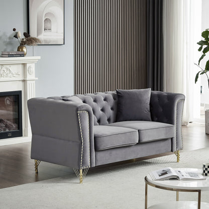 Canapé 3 places en velours de 81,8 po avec garniture cloutée, 2 oreillers et pieds en métal, soutenu par un cadre en bois massif