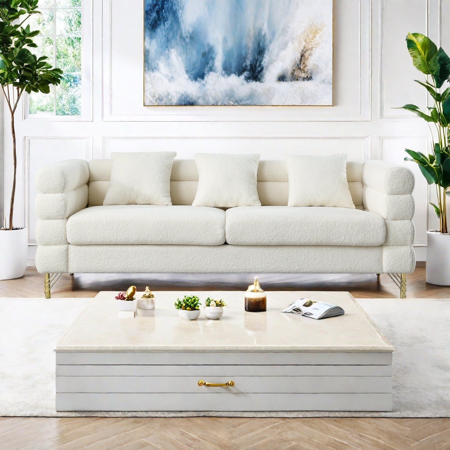 Canapé 3 places en tissu avec 3 coussins, assise moelleuse pour salon et chambre