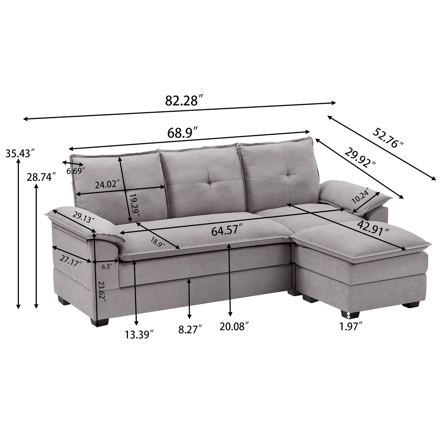Canapé sectionnel en L de 82,28 pouces avec sièges nuage pour le salon