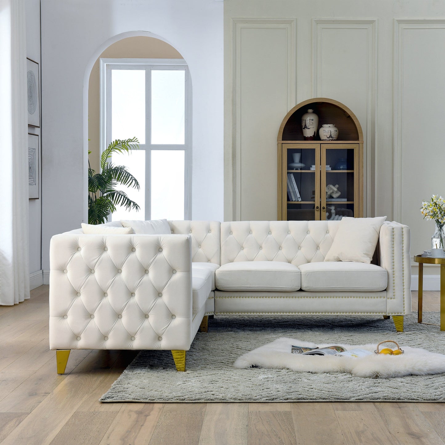 Canapé 5 places en L en velours de 82,2 po avec garniture cloutée