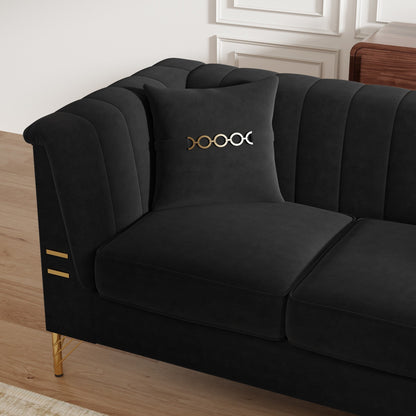 Canapé 3 places moderne en velours 82,67 po, dossier capitonné à canaux verticaux, pieds en métal doré, style Chesterfield