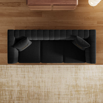 Canapé 3 places moderne en velours 82,67 po, dossier capitonné à canaux verticaux, pieds en métal doré, style Chesterfield