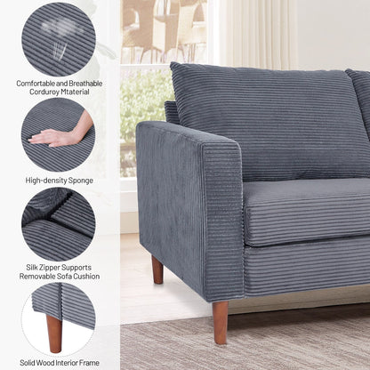 Causeuse rectangulaire 2 places en velours côtelé de 82,68 po de long, style milieu de siècle moderne, avec accoudoirs carrés