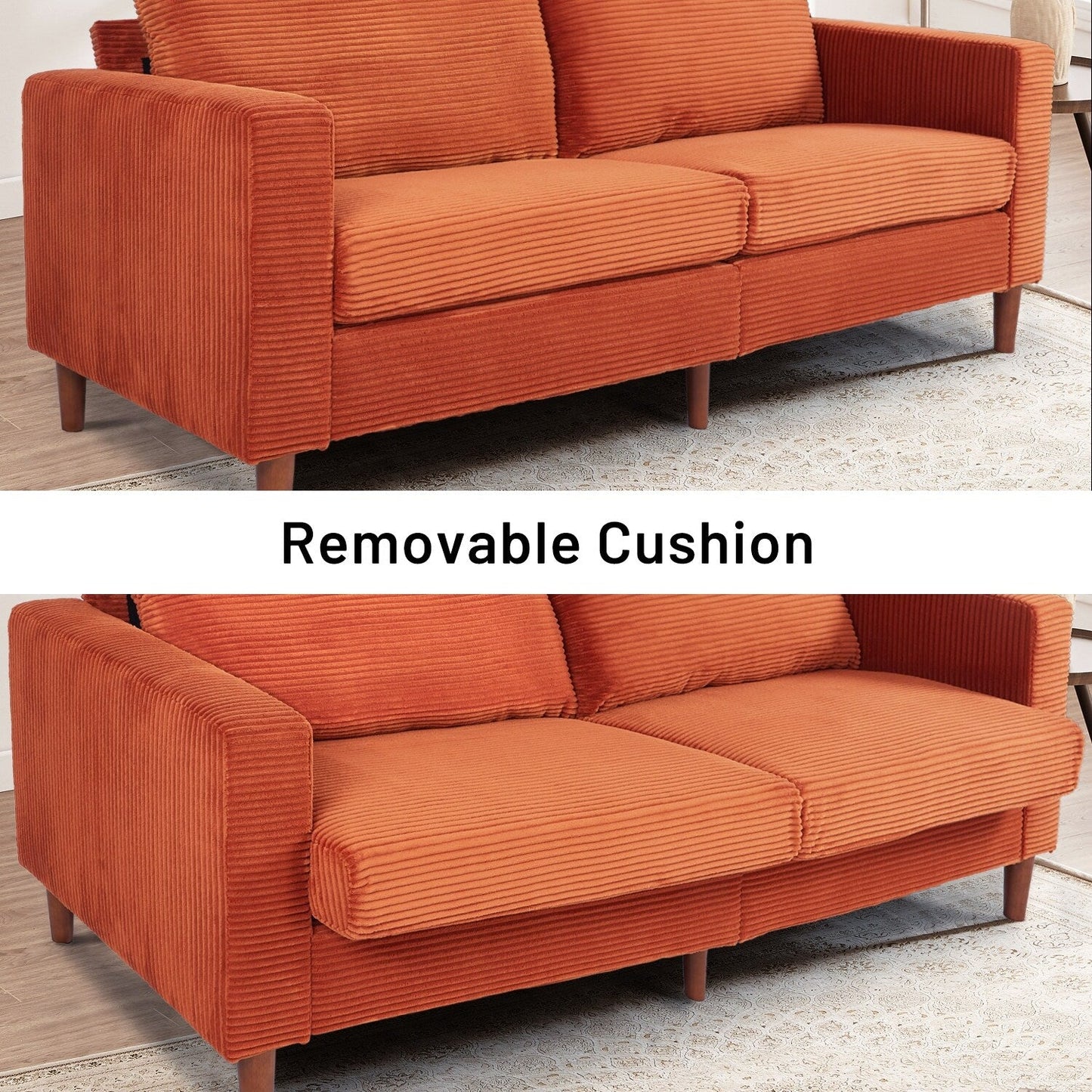 Causeuse rectangulaire 2 places en velours côtelé de 82,68 po de long, style milieu de siècle moderne, avec accoudoirs carrés