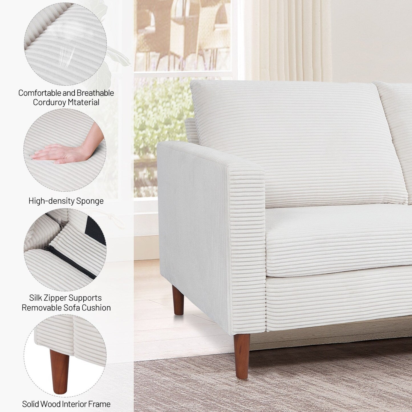 Causeuse rectangulaire 2 places en velours côtelé de 82,68 po de long, style milieu de siècle moderne, avec accoudoirs carrés