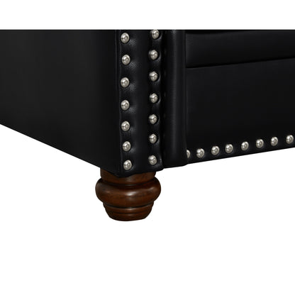 Canapé 3 places en similicuir avec rangement, structure en bois massif et métal, support à 6 pieds et coffres de rangement sous le siège.