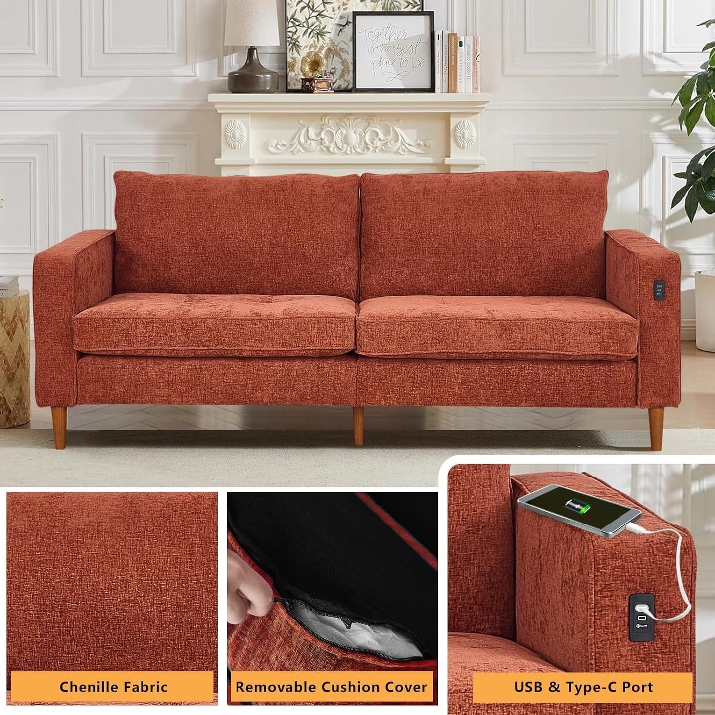 Canapé de salon 82,68 pouces, causeuse avec port USB/Type-C, confortable canapé causeuse en chenille avec housse amovible