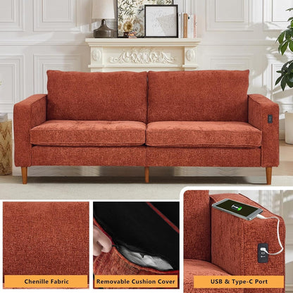 Canapé de salon 82,68 pouces, causeuse avec port USB/Type-C, confortable canapé causeuse en chenille avec housse amovible