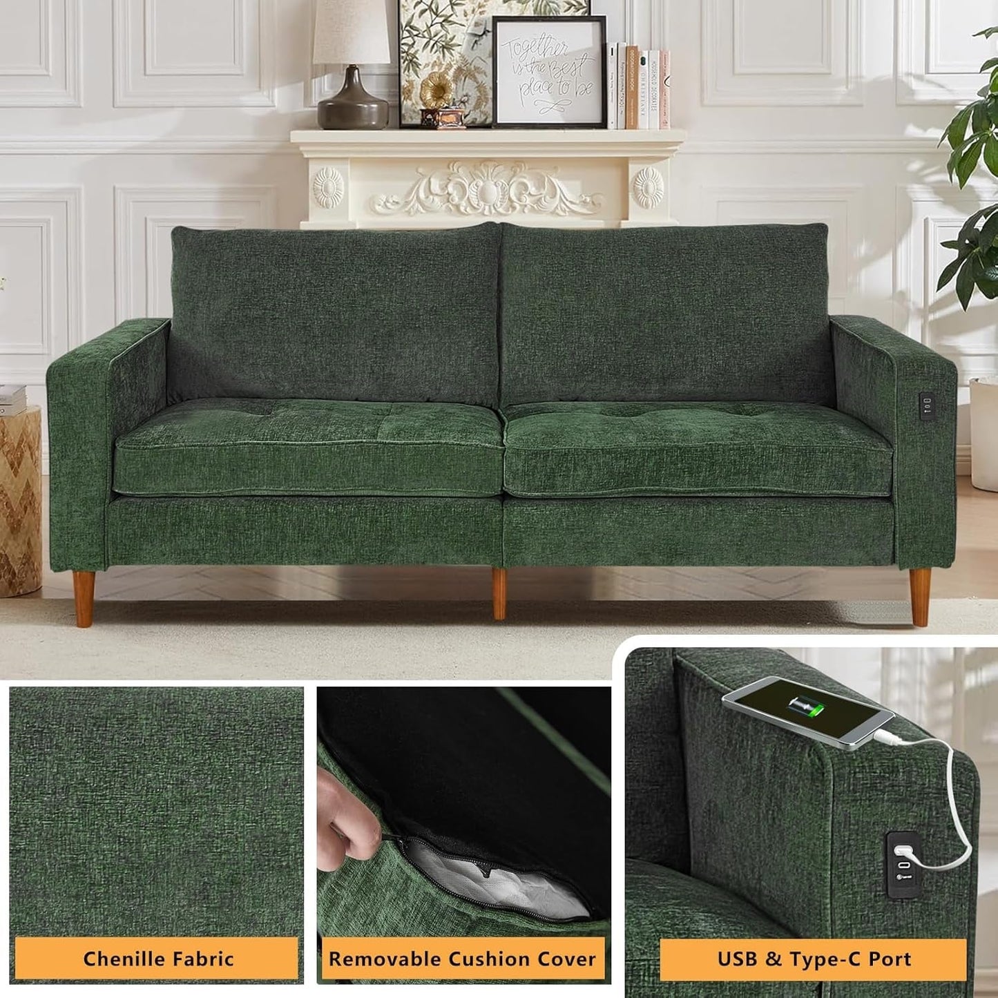 Canapé de salon 82,68 pouces, causeuse avec port USB/Type-C, confortable canapé causeuse en chenille avec housse amovible