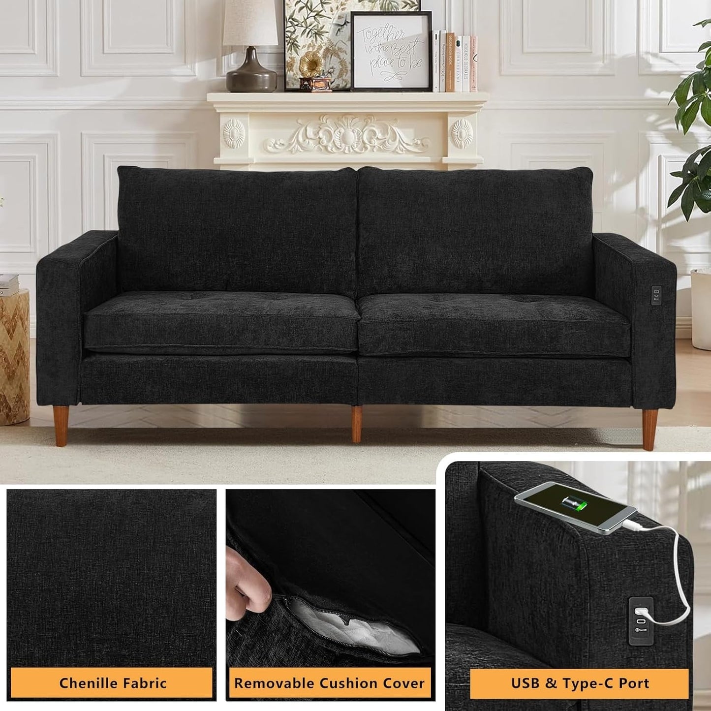 Canapé de salon 82,68 pouces, causeuse avec port USB/Type-C, confortable canapé causeuse en chenille avec housse amovible