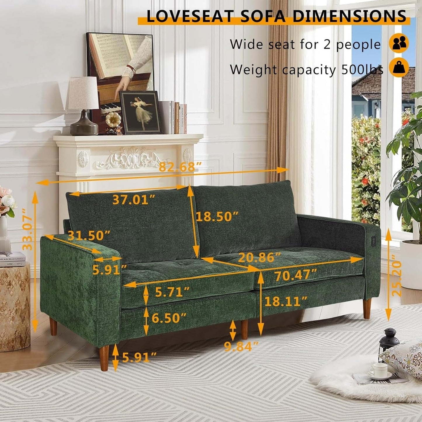 Canapé de salon 82,68 pouces, causeuse avec port USB/Type-C, confortable canapé causeuse en chenille avec housse amovible