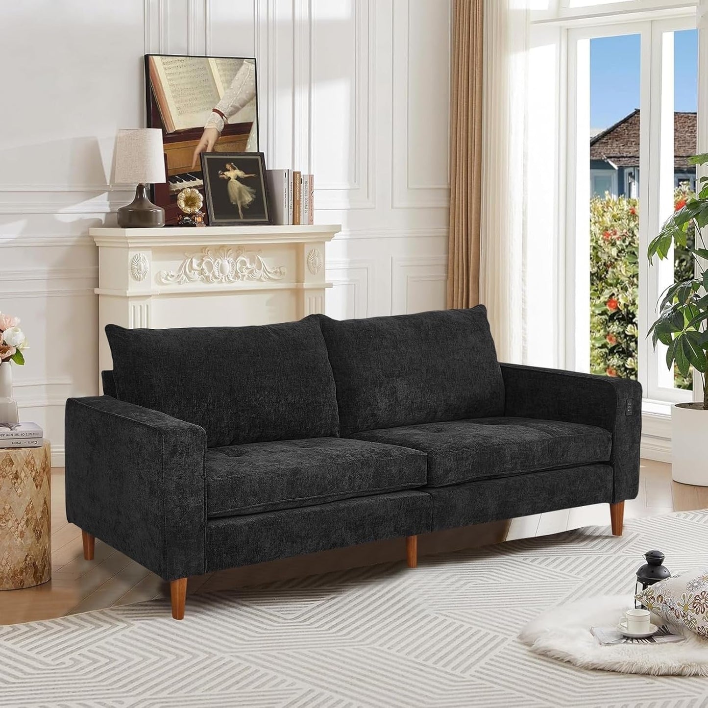 Canapé de salon 82,68 pouces, causeuse avec port USB/Type-C, confortable canapé causeuse en chenille avec housse amovible