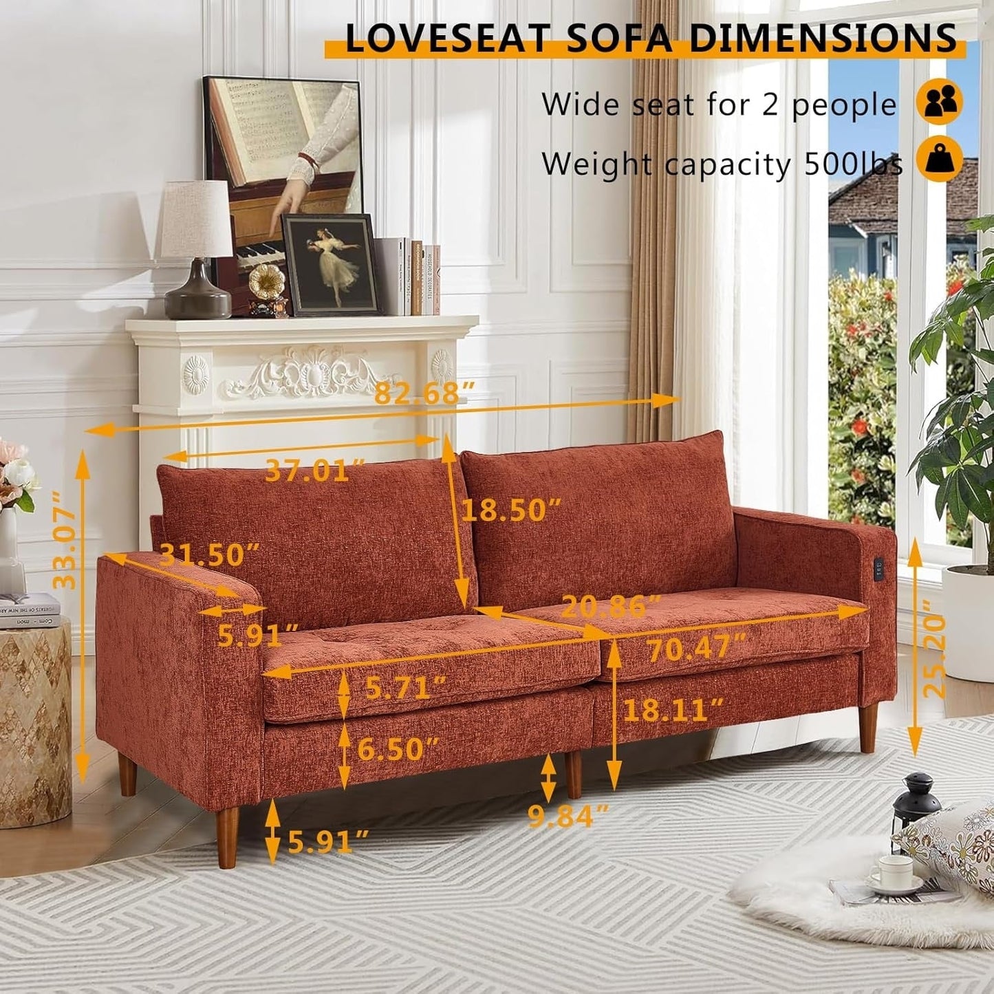 Canapé de salon 82,68 pouces, causeuse avec port USB/Type-C, confortable canapé causeuse en chenille avec housse amovible