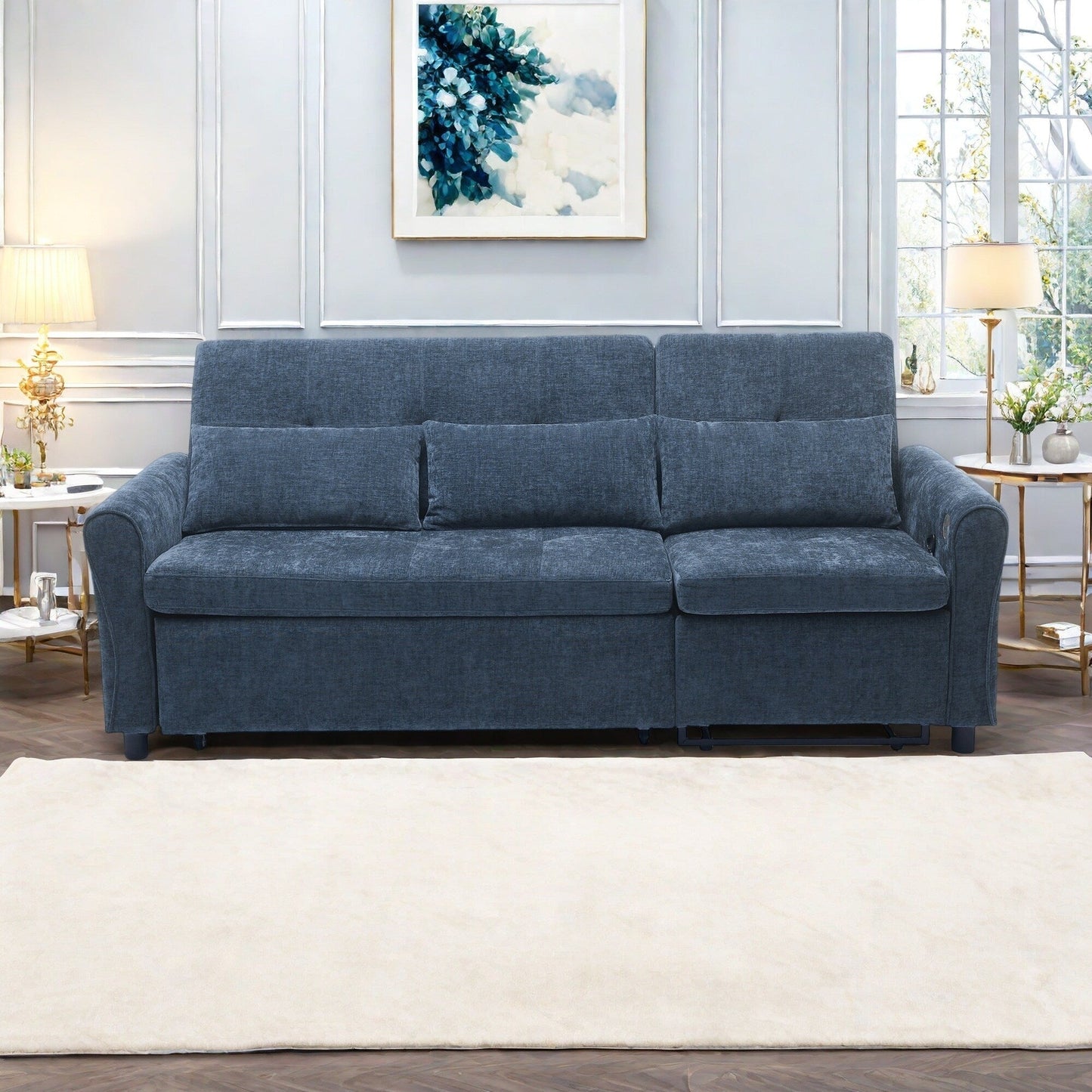 Canapé-lit 2 en 1 en chenille avec dossier réglable, méridienne réversible et ports de chargement USB