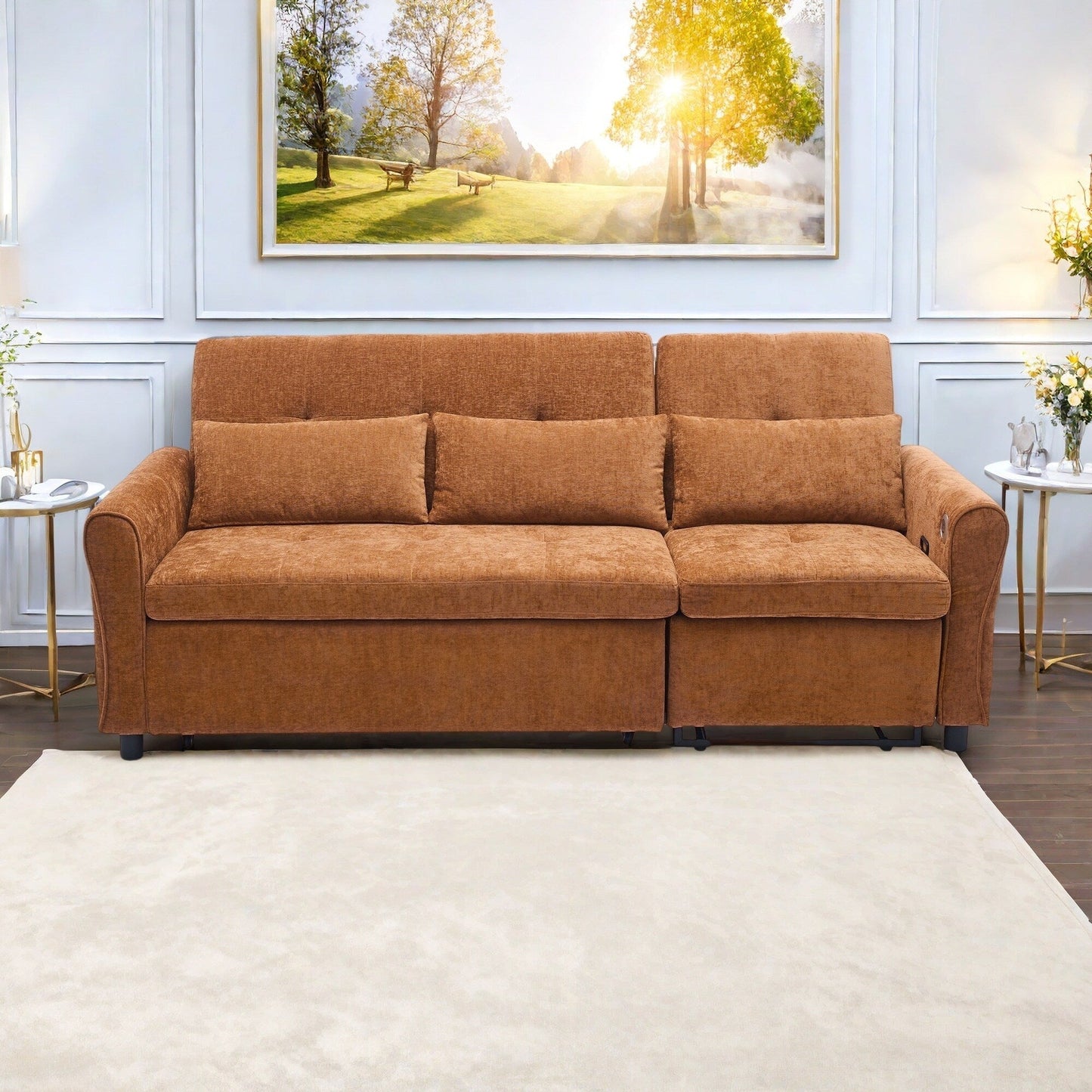 Canapé-lit 2 en 1 en chenille avec dossier réglable, méridienne réversible et ports de chargement USB