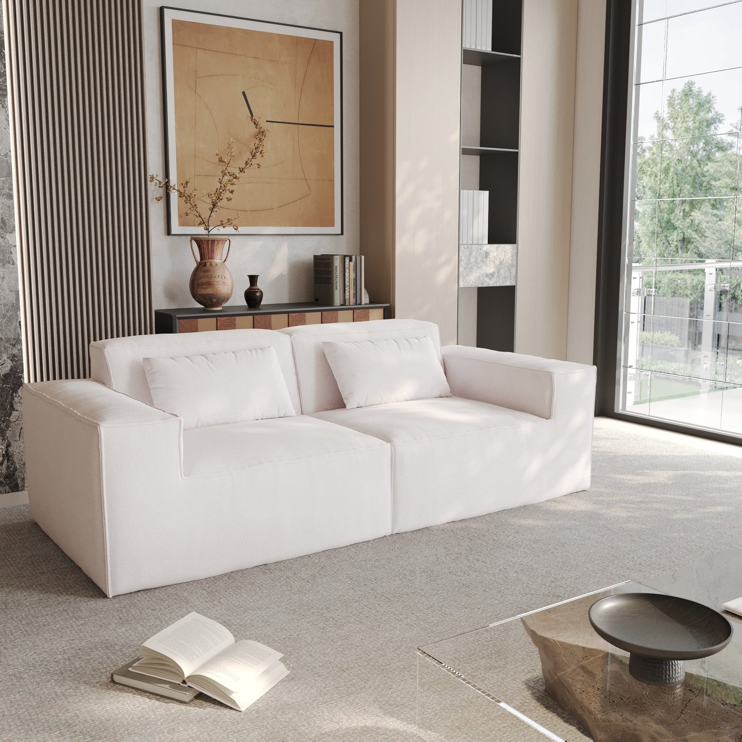 Canapé causeuse moderne rembourré 82 pouces, canapé modulaire en velours côtelé avec housse en tissu amovible et 2 oreillers