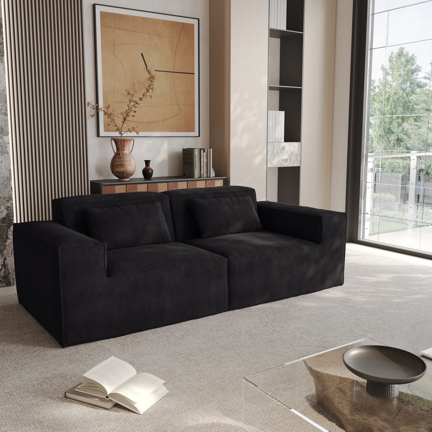 Canapé causeuse moderne rembourré 82 pouces, canapé modulaire en velours côtelé avec housse en tissu amovible et 2 oreillers