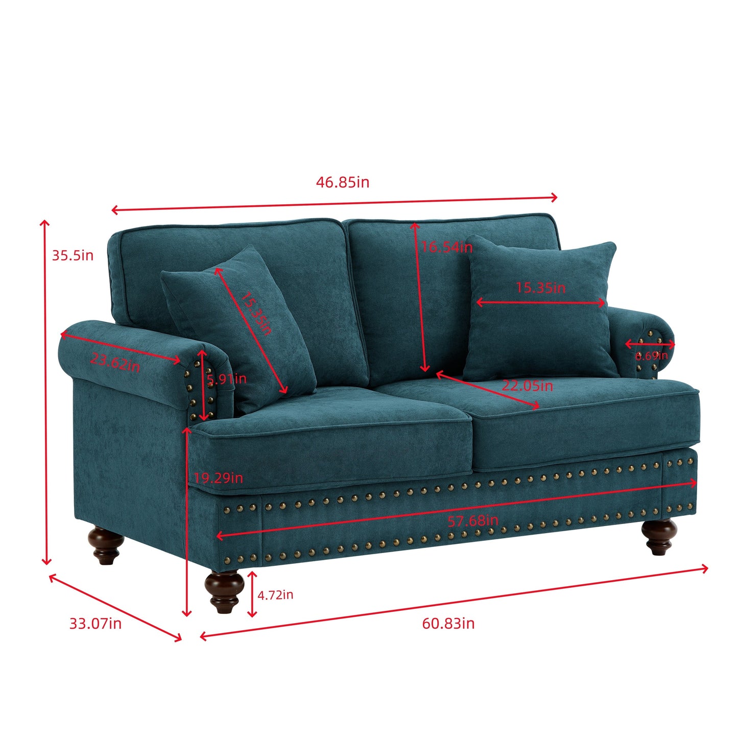 Canapé 3 places moderne en chenille de 82 pouces avec pieds marron, 2 oreillers et coussins amovibles, dossier