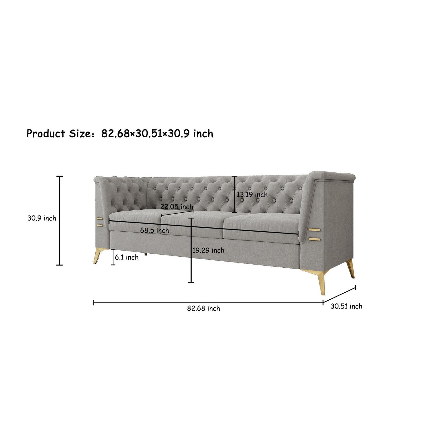 Canapé 3 places moderne en velours de 82 pouces avec design capitonné et pieds en métal doré