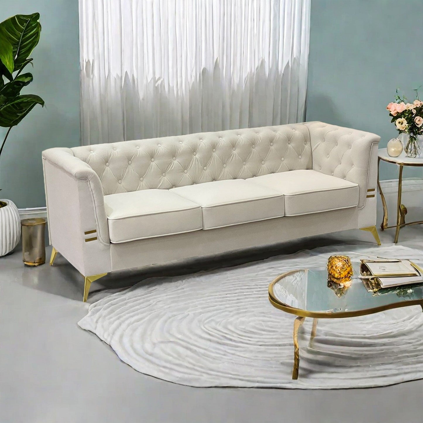 Canapé 3 places moderne en velours de 82 pouces avec design capitonné et pieds en métal doré