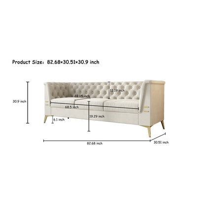 Canapé 3 places moderne en velours de 82 pouces avec design capitonné et pieds en métal doré