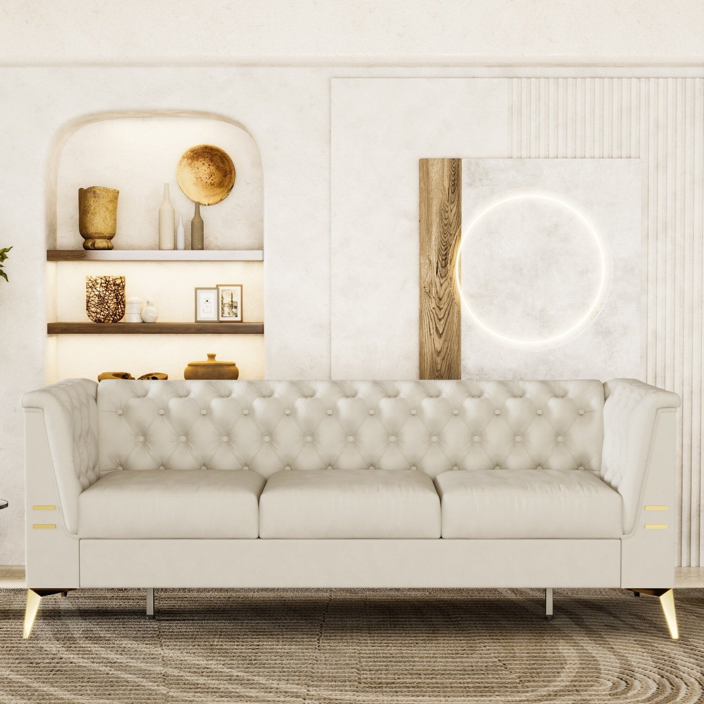 Canapé 3 places moderne en velours de 82 pouces avec design capitonné et pieds en métal doré