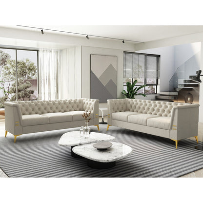 Canapé 3 places moderne en velours de 82 pouces avec design capitonné et pieds en métal doré