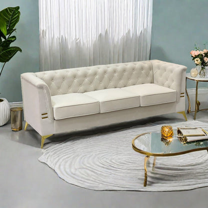 Canapé Chesterfield 3 places en velours de 82 pouces avec pieds en métal doré, éponge à rebond élevé et coussins amovibles