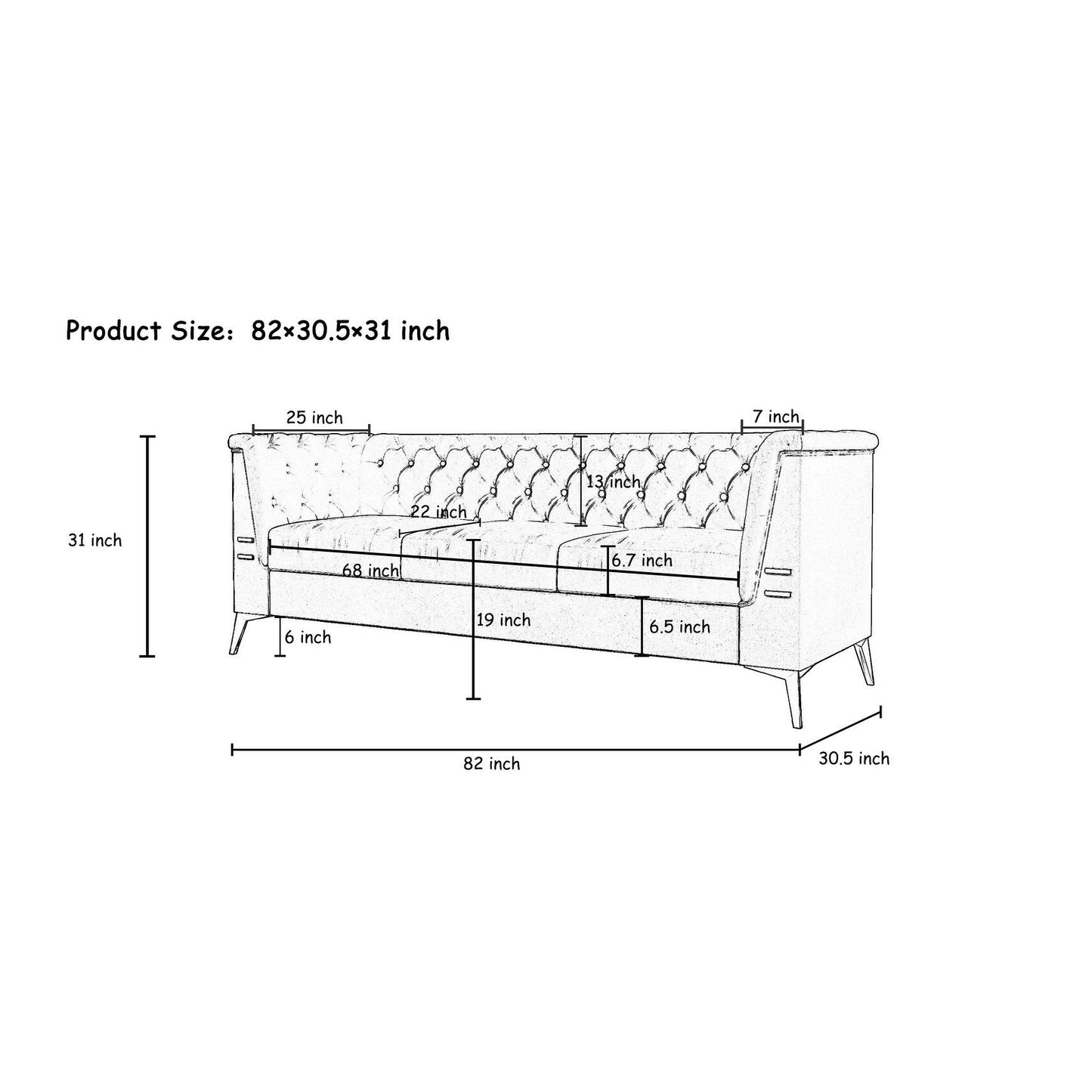 Canapé Chesterfield 3 places en velours de 82 pouces avec pieds en métal doré, éponge à rebond élevé et coussins amovibles