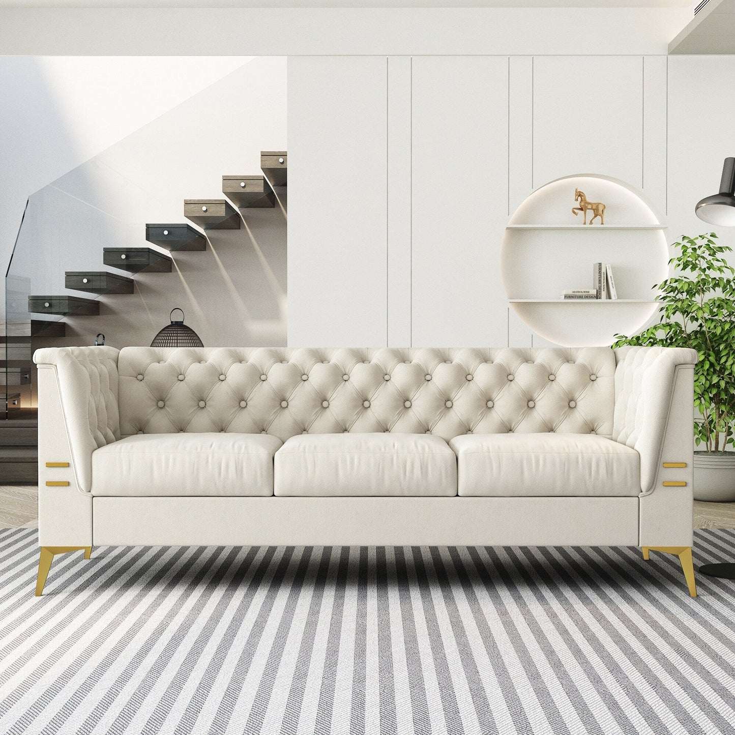 Canapé Chesterfield 3 places en velours de 82 pouces avec pieds en métal doré, éponge à rebond élevé et coussins amovibles