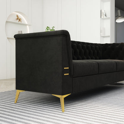 Canapé Chesterfield 3 places en velours de 82 pouces avec pieds en métal doré, éponge à rebond élevé et coussins amovibles