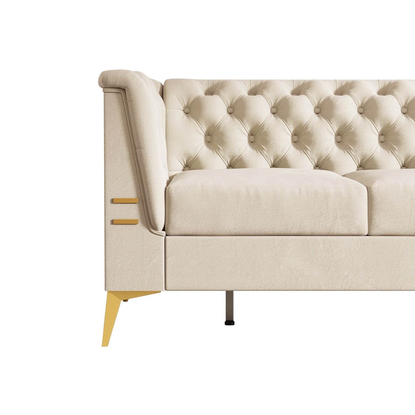 Canapé Chesterfield 3 places en velours de 82 pouces avec pieds en métal doré, éponge à rebond élevé et coussins amovibles