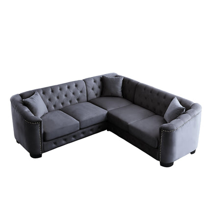 Canapé d'angle Chesterfield en velours de 82 po avec garniture cloutée et coussins amovibles