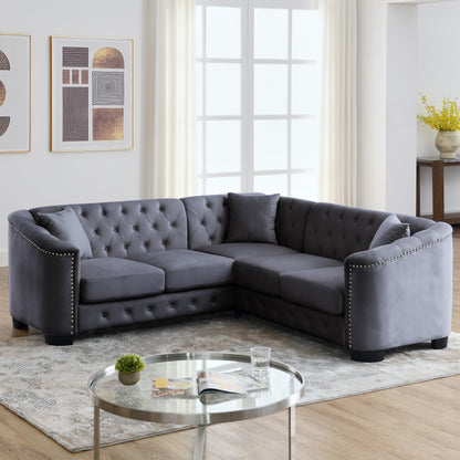 Canapé d'angle Chesterfield en velours de 82 po, 5 places en forme de L avec garniture cloutée, coussins amovibles et base en bois massif