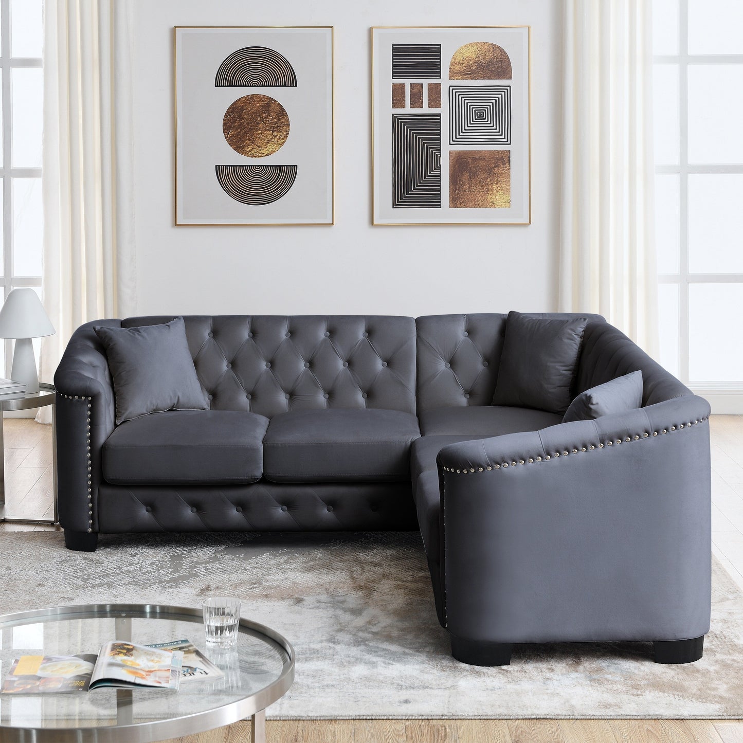 Canapé d'angle Chesterfield en velours de 82 po, 5 places, en forme de L, avec 3 coussins, garniture cloutée et coussins amovibles, structure en bois massif