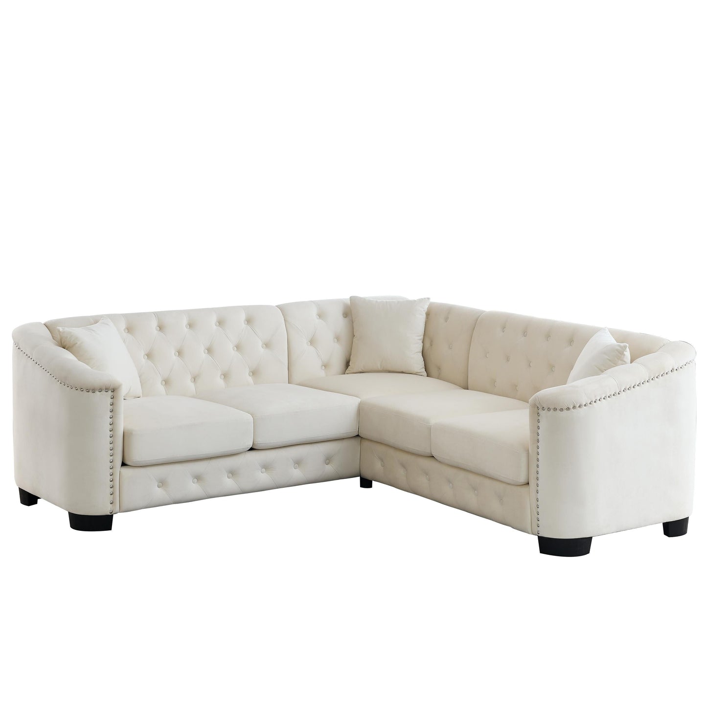 Canapé Chesterfield en velours 5 places en L de 82 po avec garniture cloutée, coussins amovibles et 3 oreillers