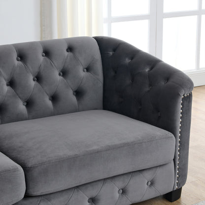 Canapé d'angle Chesterfield en velours de 82 po en forme de L avec 3 oreillers, coussins amovibles et garniture cloutée