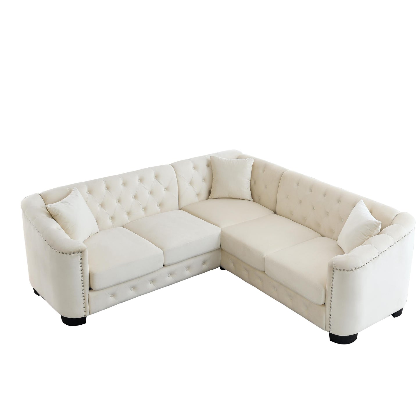 Canapé Chesterfield en velours de 82 po, 5 places, en forme de L, avec coussins amovibles, garniture cloutée et cadre en bois massif