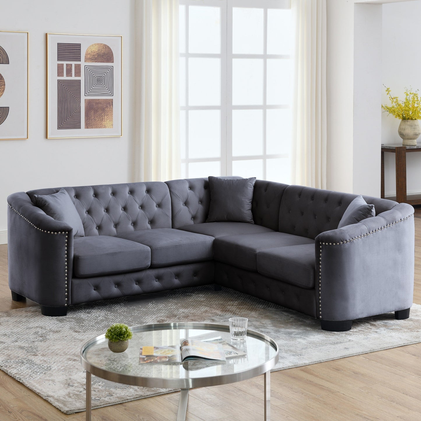 Canapé Chesterfield en velours de 82 po, 5 places, en forme de L, avec coussins amovibles, garniture cloutée et cadre en bois massif