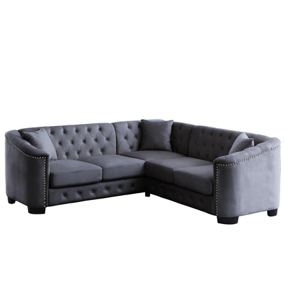 Canapé Chesterfield en velours de 82 pouces en forme de L avec coussins amovibles, 5 places, garniture cloutée et cadre en bois massif