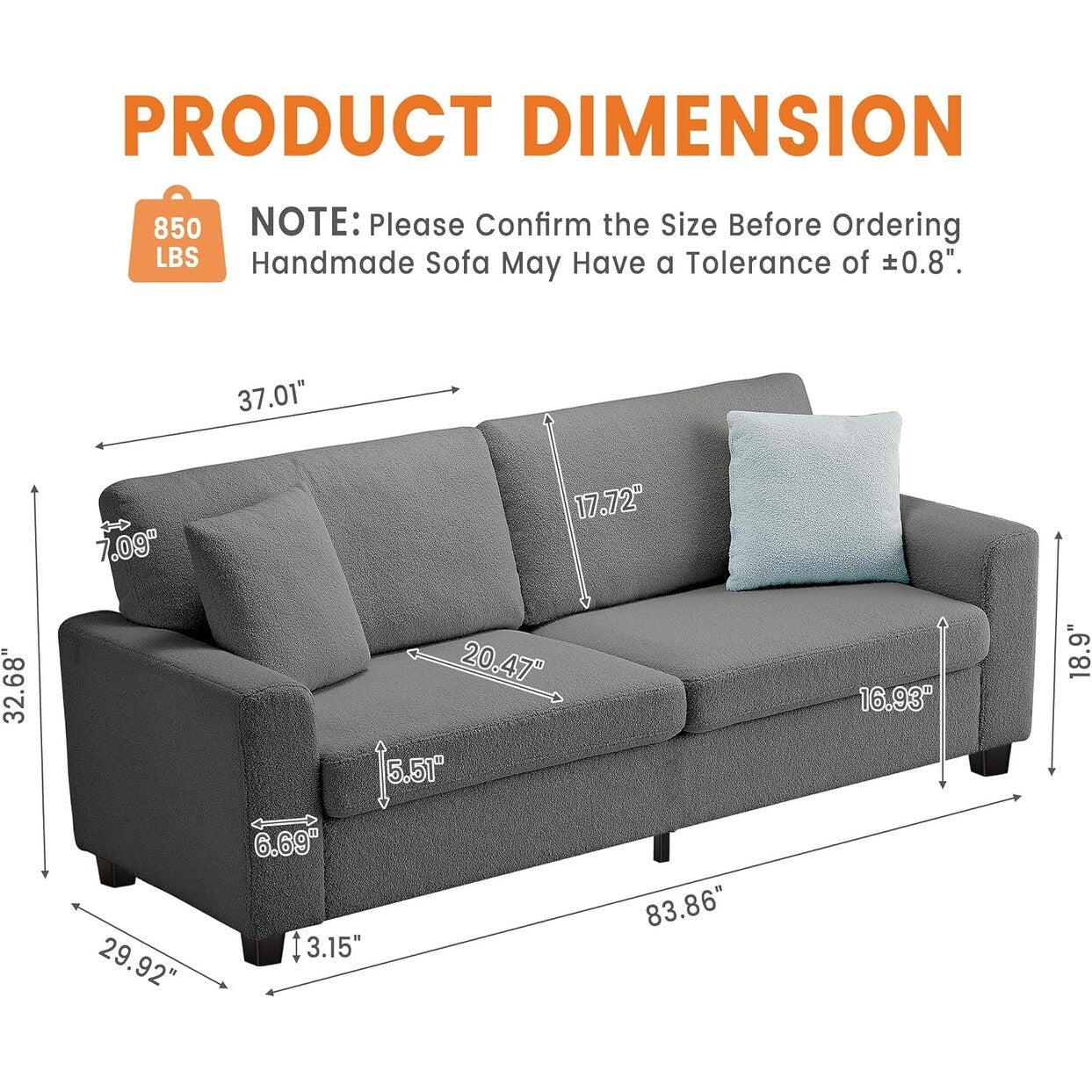 Canapé 3 places moderne de 83 pouces avec assises profondes, canapé nuage confortable pour le salon
