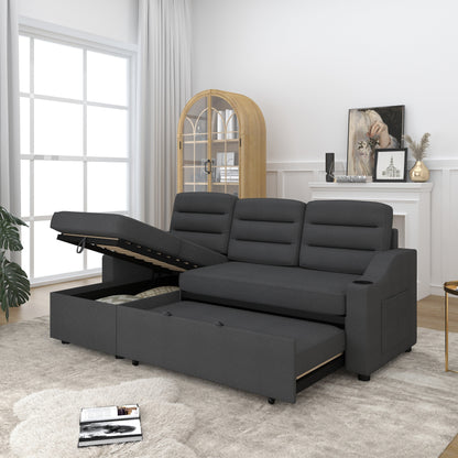 Canapé-lit convertible 3 places en polyester de 83,5 pouces avec lit gigogne, fauteuil inclinable de rangement, porte-gobelet et poches latérales