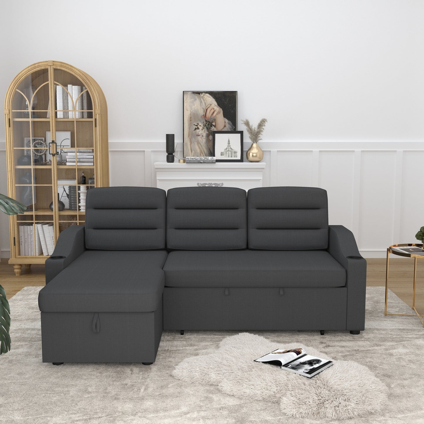 Canapé-lit convertible 3 places en polyester de 83,5 pouces avec lit gigogne, fauteuil inclinable de rangement, porte-gobelet et poches latérales