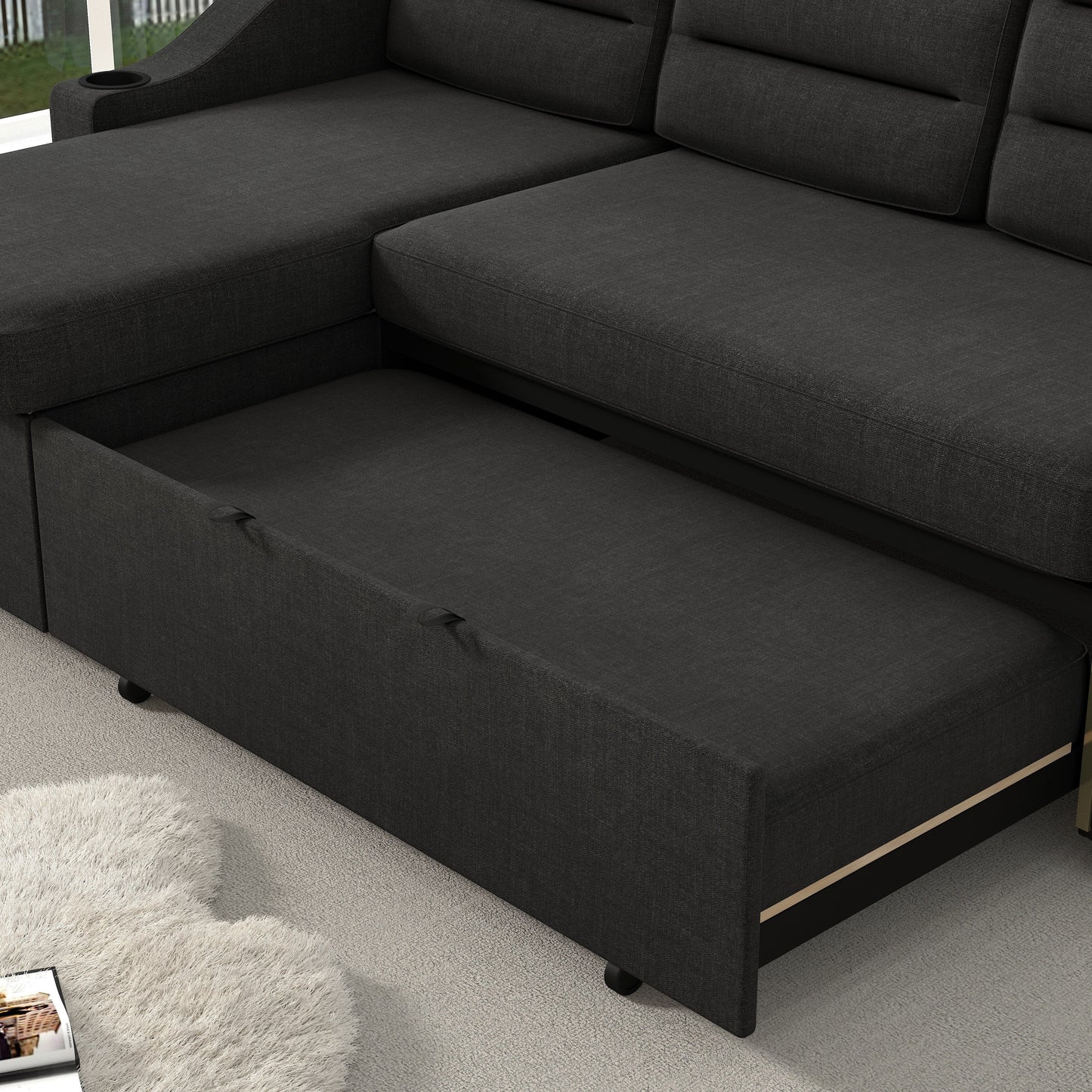 Canapé-lit convertible 3 places en polyester de 83,5 pouces avec lit gigogne, fauteuil inclinable de rangement, porte-gobelet et poches latérales