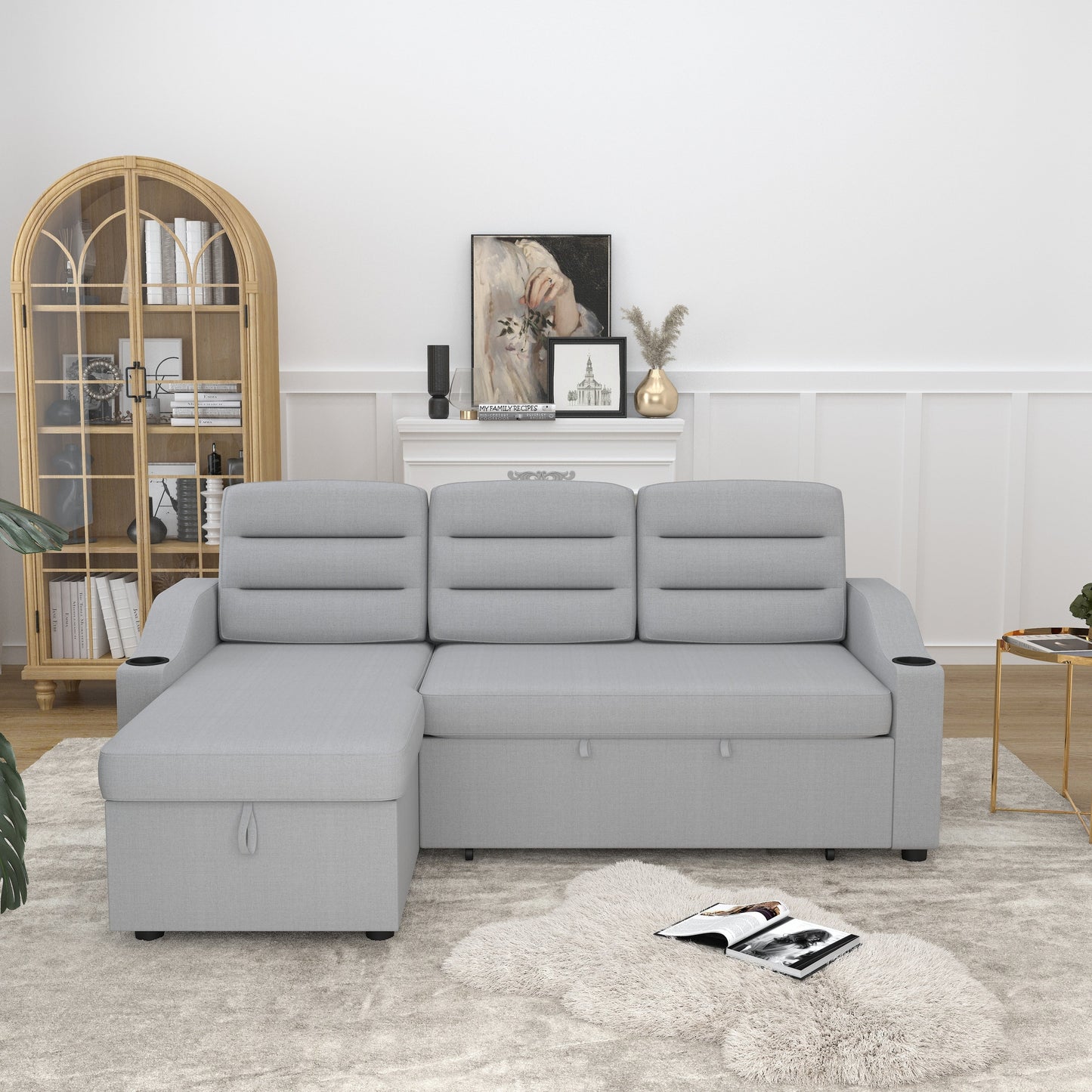 Canapé-lit convertible 3 places en polyester de 83,5 pouces avec lit gigogne, fauteuil inclinable de rangement, porte-gobelet et poches latérales